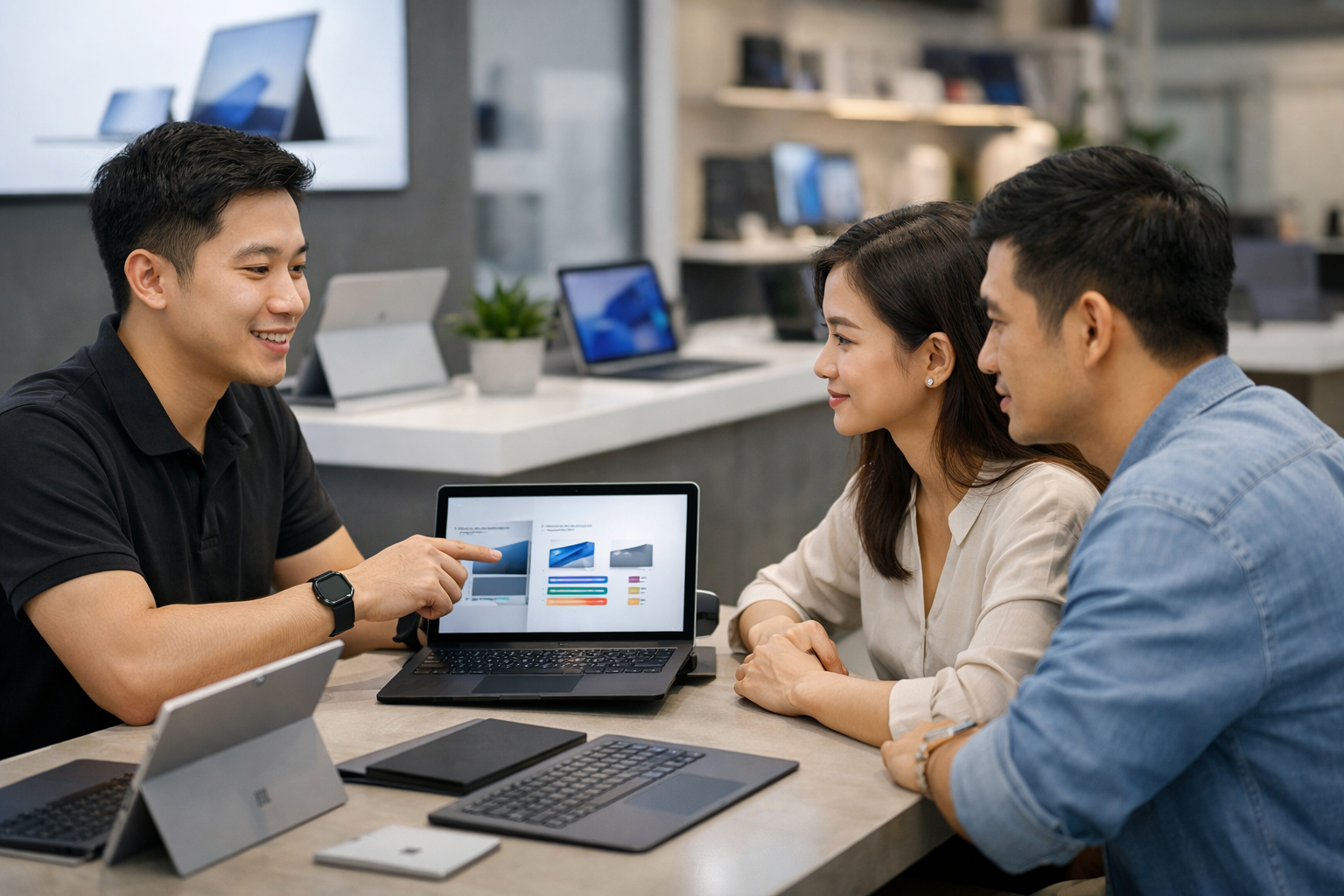 Nhân viên tư vấn nhiệt tình cho khách hàng lựa chọn cấu hình máy Surface phù hợp với nhu cầu công việc