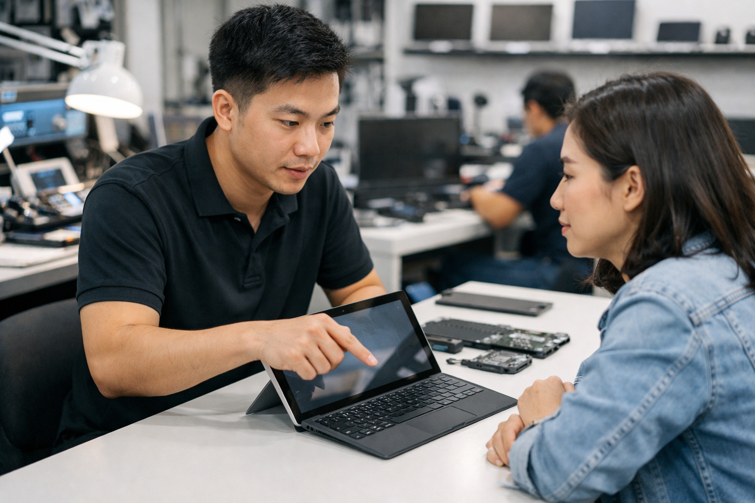Khách hàng đang được tư vấn sửa chữa Surface tại cửa hàng Surface Plus Hà Nội