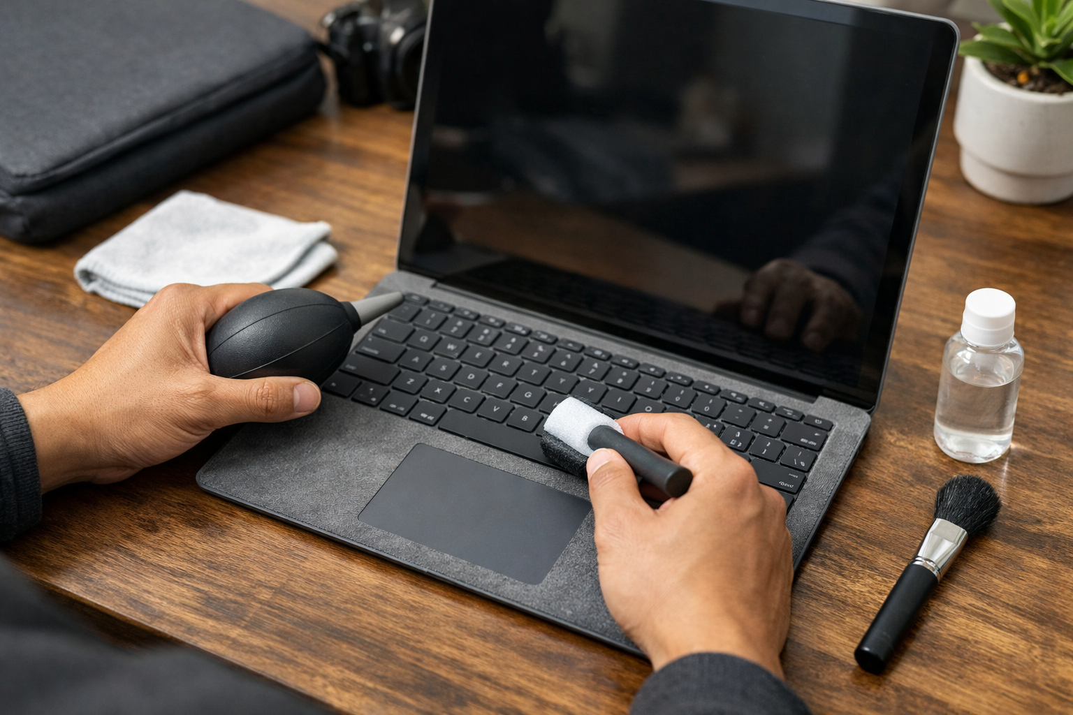 Thay bàn phím Surface Laptop 2 chính hãng tại Surface Plus 9 Người dùng đang dùng bộ vệ sinh chuyên dụng để làm sạch vải Alcantara trên Surface Laptop 2