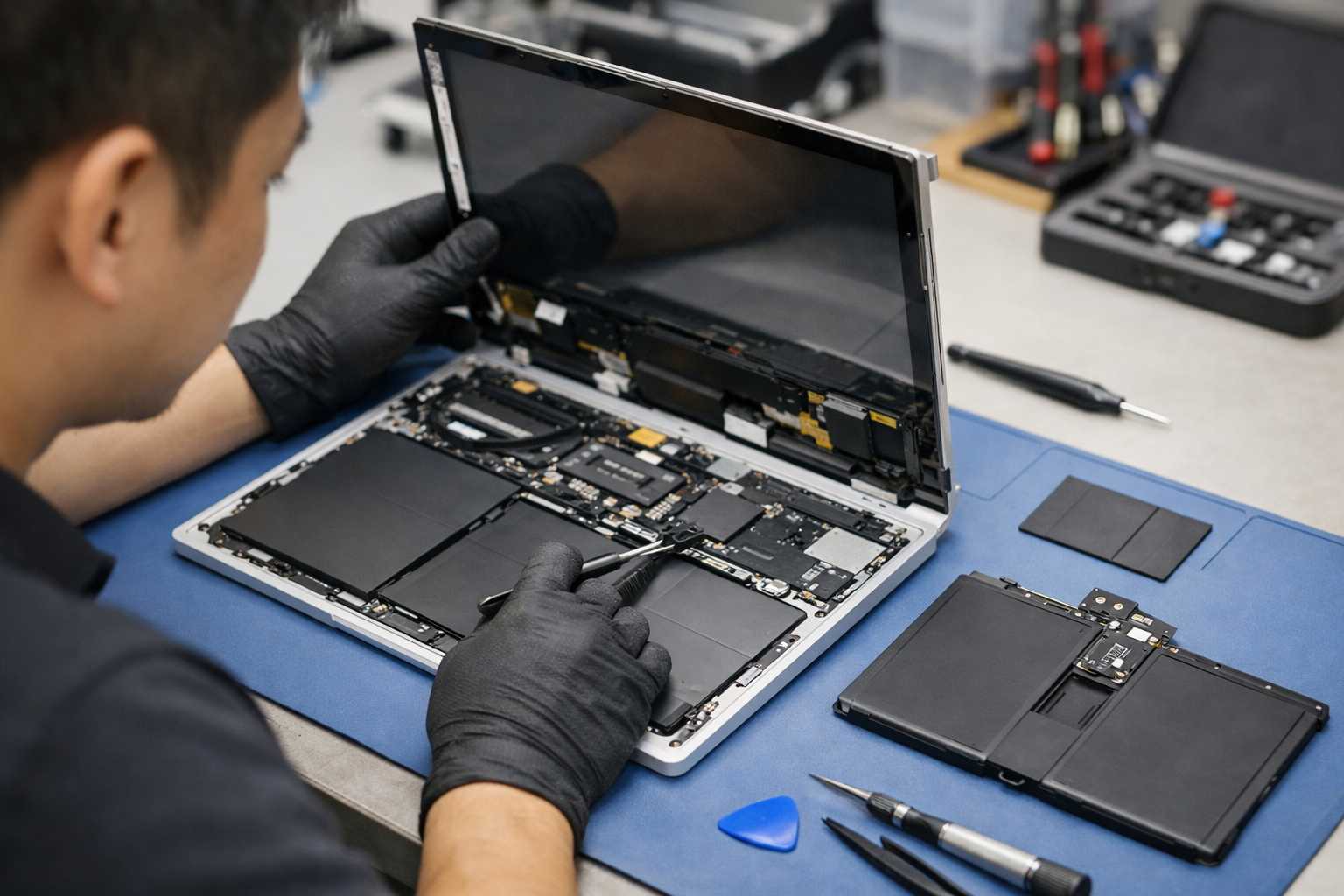Quá trình bóc tách màn hình Surface Book 2 để thay pin chuyên nghiệp
