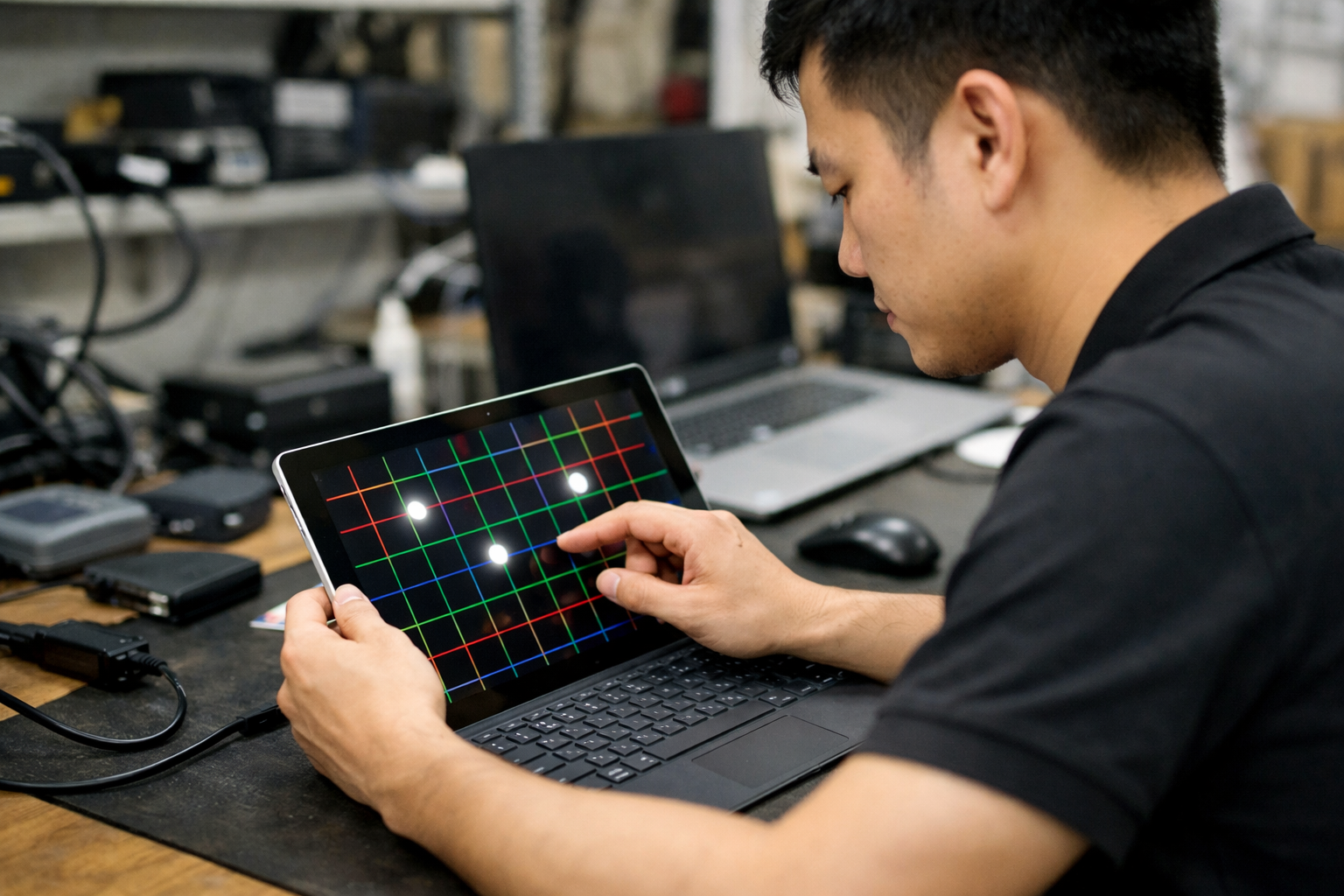 Kỹ thuật viên đang kiểm tra màn hình cảm ứng và điểm chết trên máy Surface Pro cũ