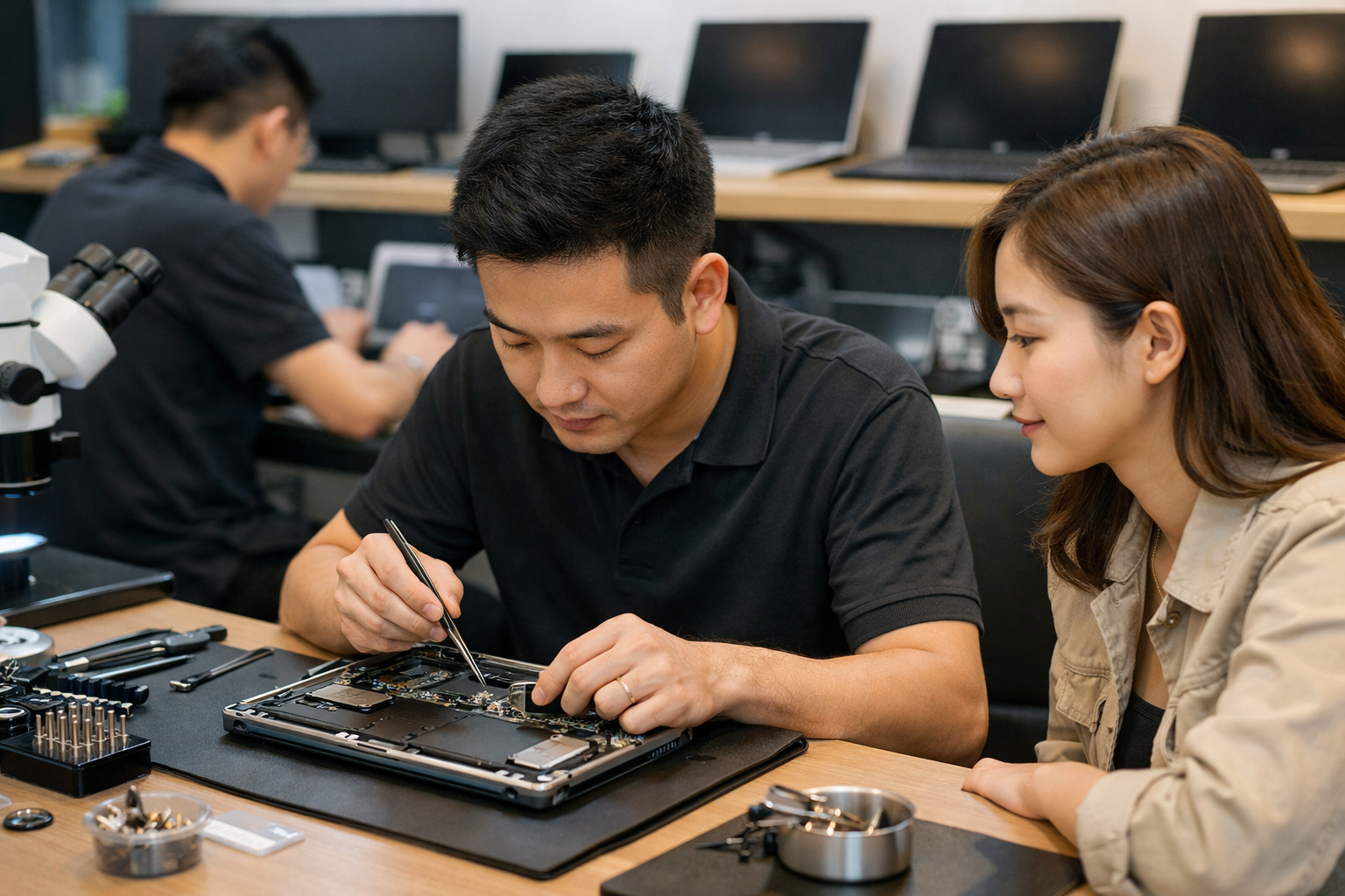 Kỹ thuật viên đang thực hiện kiểm tra chi tiết linh kiện bên trong máy Surface cho khách hàng
