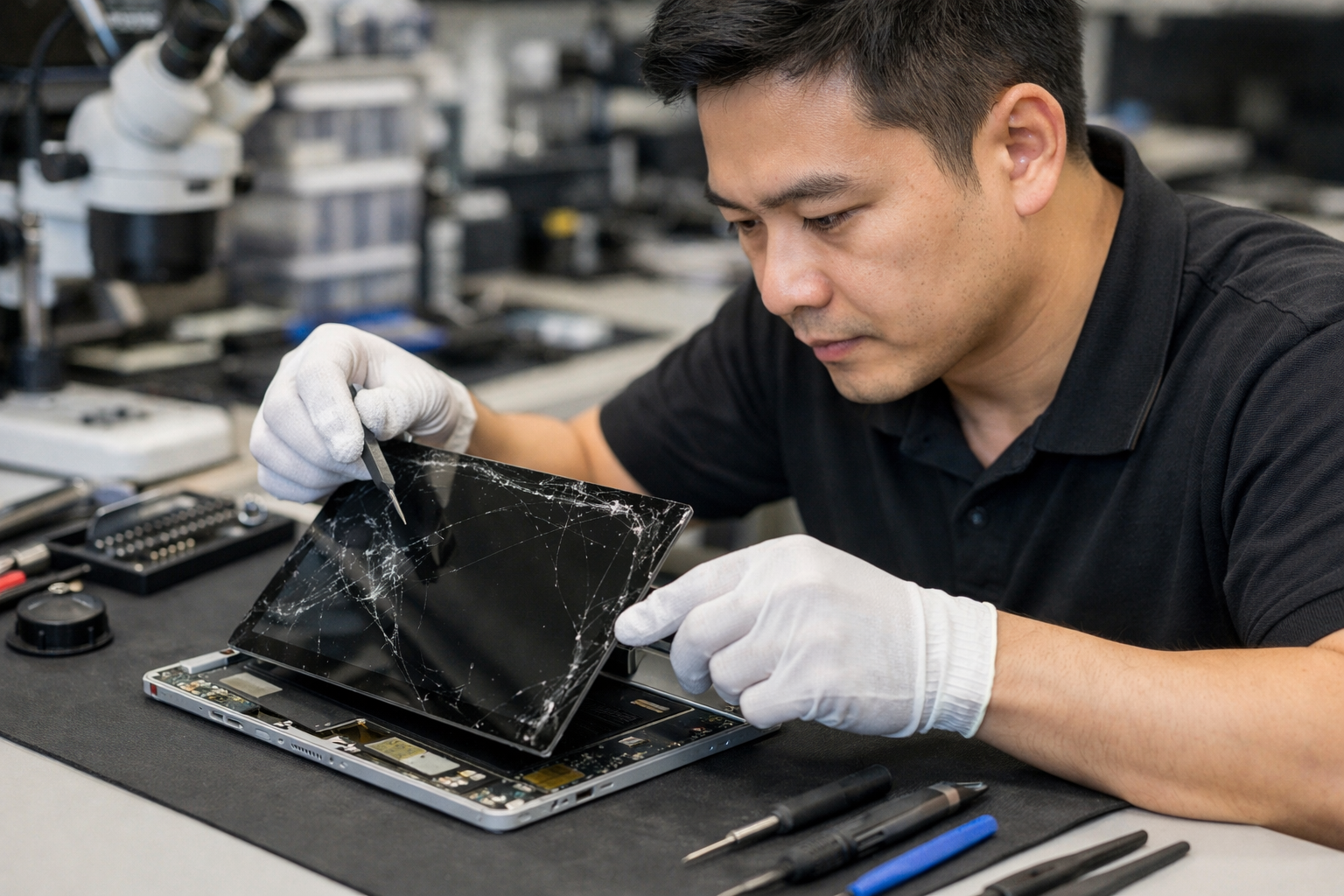 Kỹ thuật viên tại Surface Plus đang tỉ mỉ tháo lắp màn hình Surface Pro 6