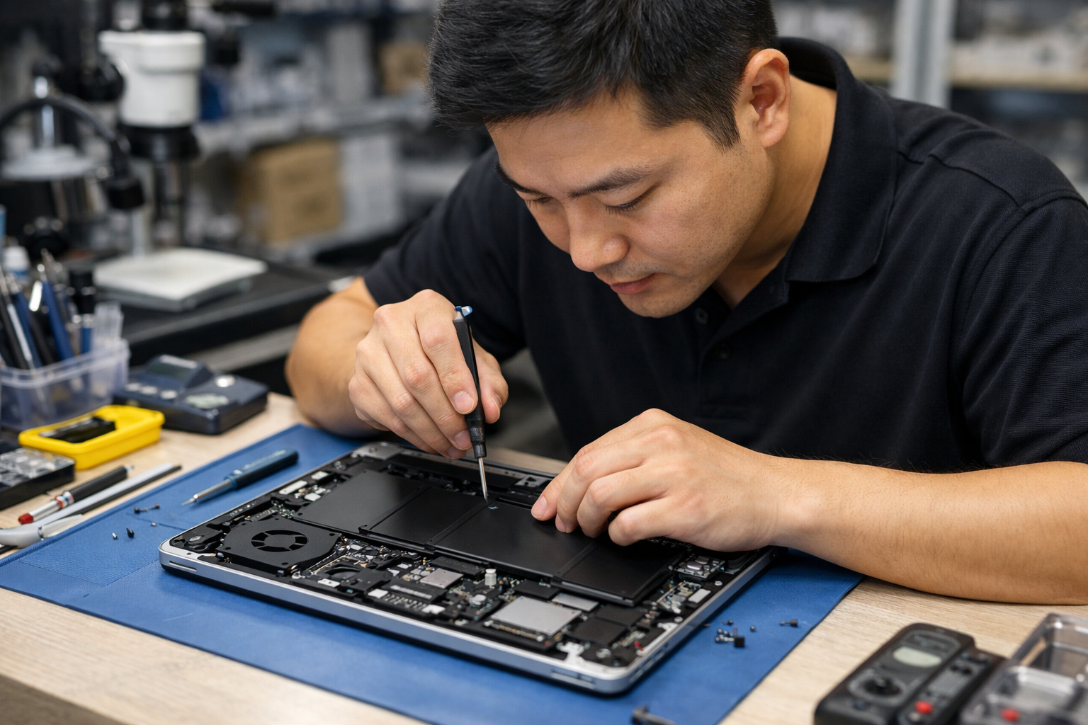 Thay Pin Surface Laptop 1 Chính Hãng - Uy Tín, Lấy Ngay 8 Kỹ thuật viên tại Surface Plus đang tỉ mỉ thay pin cho Surface Laptop