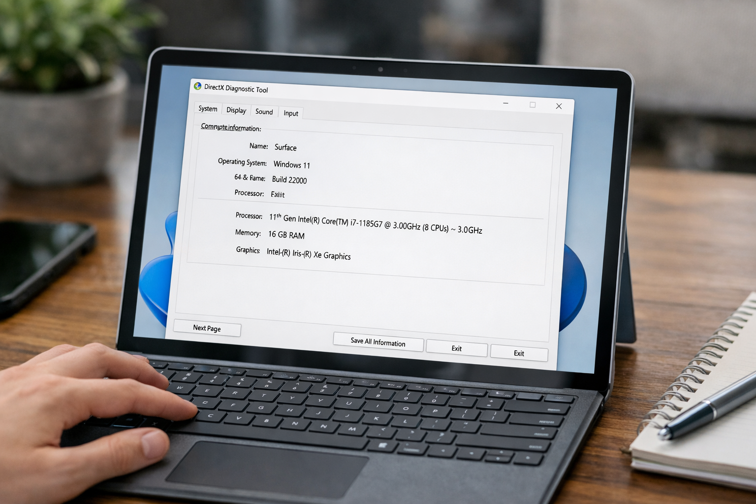 Giao diện lệnh dxdiag hiển thị chi tiết thông số kỹ thuật của Surface