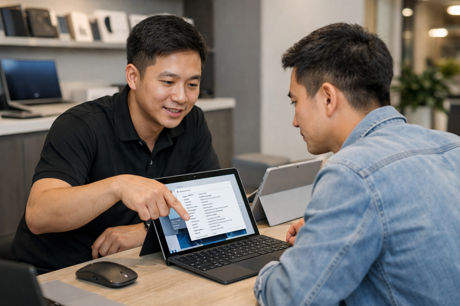 Kỹ thuật viên tại Surface Plus đang hỗ trợ khách hàng kiểm tra cấu hình máy