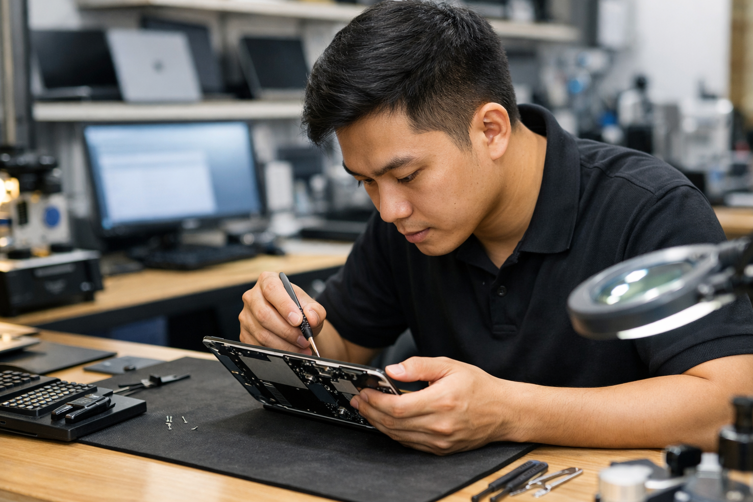 Surface Plus VN có uy tín không? Đánh giá chi tiết nhất 7 Kỹ thuật viên tại Surface Plus đang kiểm tra chi tiết linh kiện máy Surface