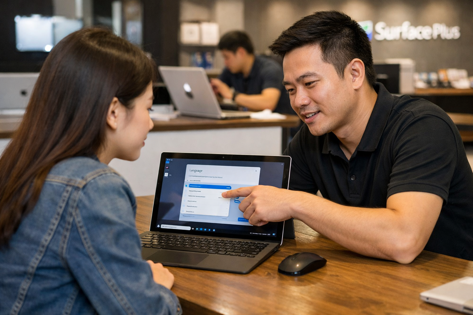 Cách cài tiếng Việt cho Surface đơn giản và nhanh nhất 6 Kỹ thuật viên đang hướng dẫn cài tiếng Việt cho Surface tại cửa hàng Surface Plus
