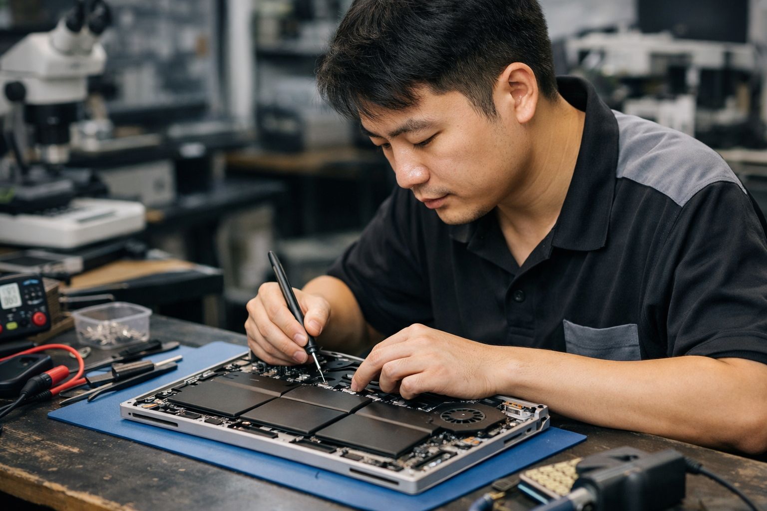 Technician at Surface Plus workshop working on a Microsoft Surface device
