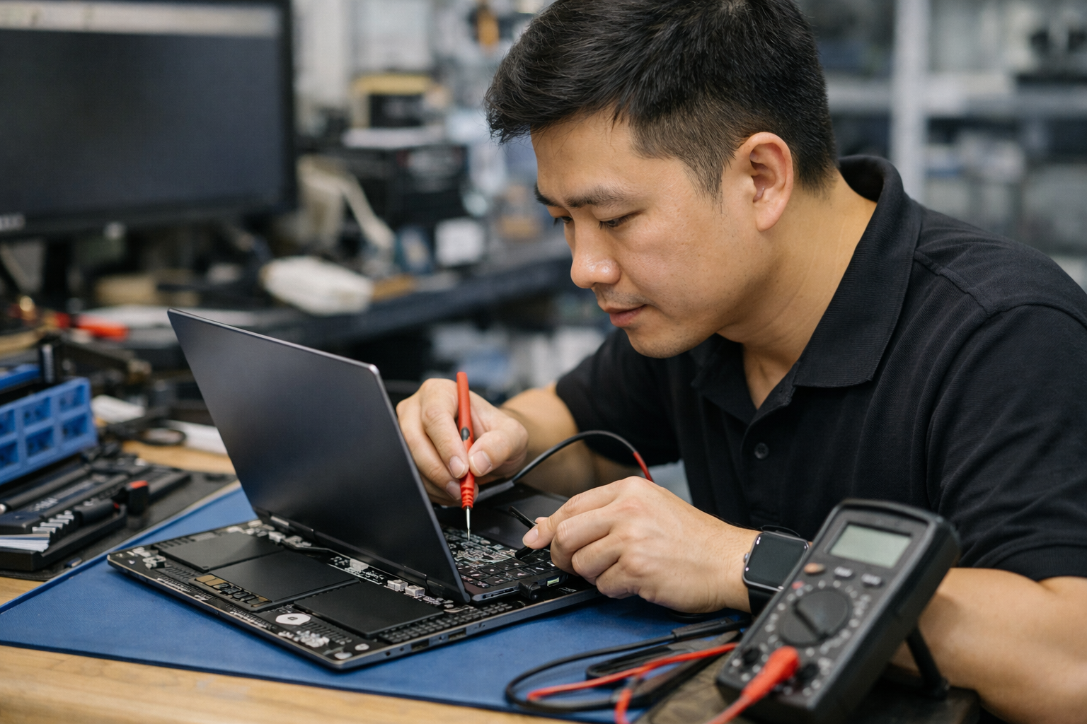 Kỹ thuật viên Surface Plus đang kiểm tra lại máy sau khi thay pin