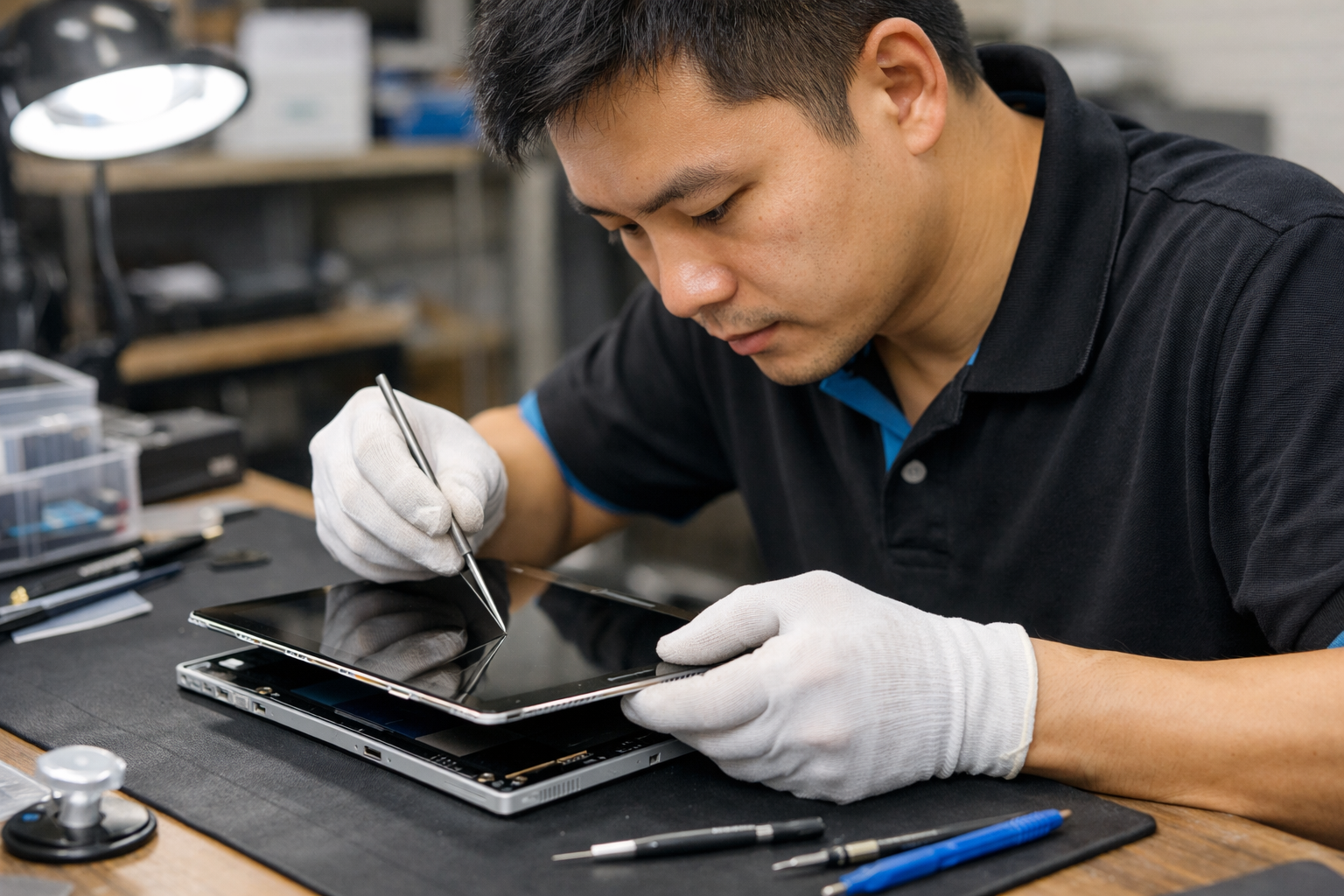 Kỹ thuật viên tại Surface Plus đang tỉ mỉ tháo màn hình Surface Pro 3