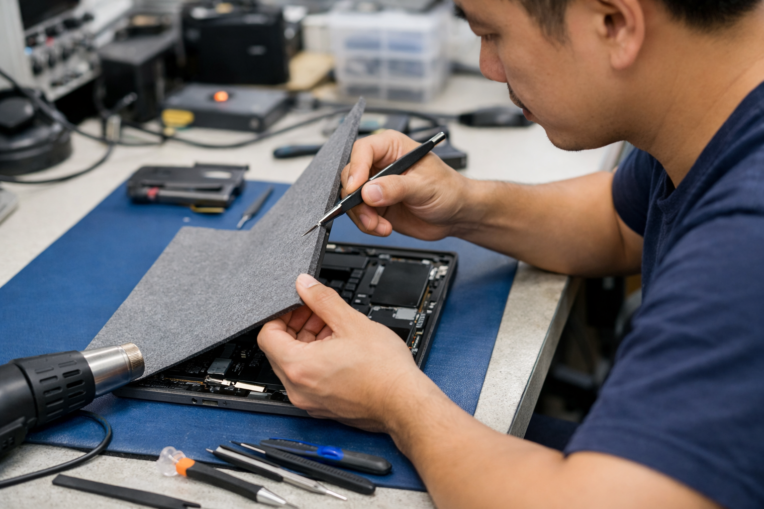 Thay bàn phím Surface Laptop 2 chính hãng tại Surface Plus 8 Kỹ thuật viên đang dùng dụng cụ chuyên dụng tháo lớp vỏ Surface Laptop 2 cẩn thận