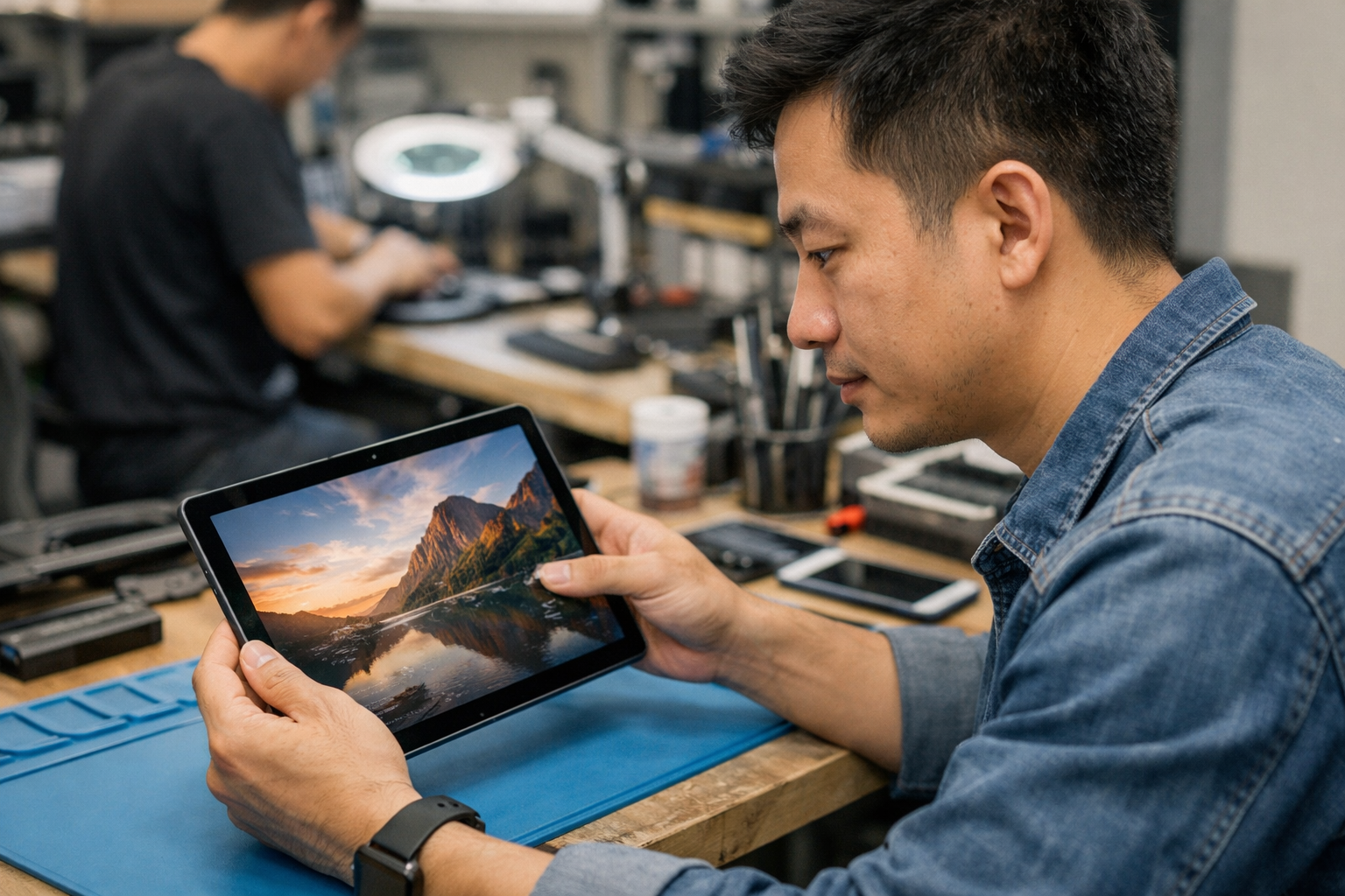 Bảng giá thay màn hình Surface 2026: Cập nhật & Ưu đãi mới 8 Khách hàng đang kiểm tra chất lượng hiển thị của màn hình Surface sau khi thay mới