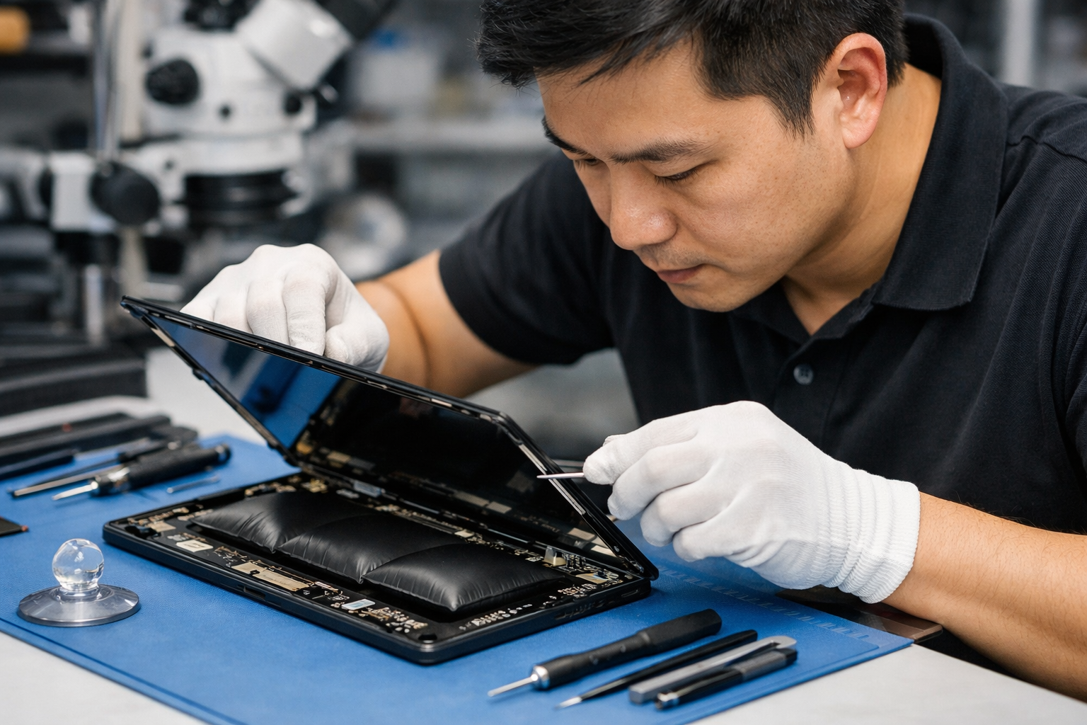 Kỹ thuật viên đang thực hiện tháo màn hình Surface Pro 7 để thay pin