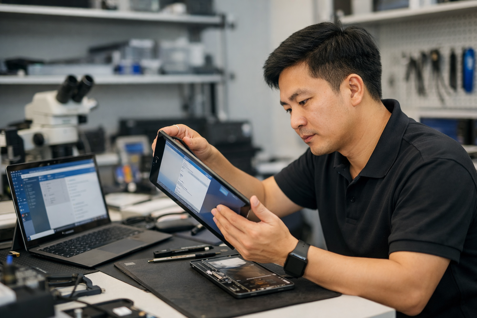 Kỹ thuật viên tại Surface Plus đang kiểm tra lỗi phần mềm và phần cứng cho máy Surface