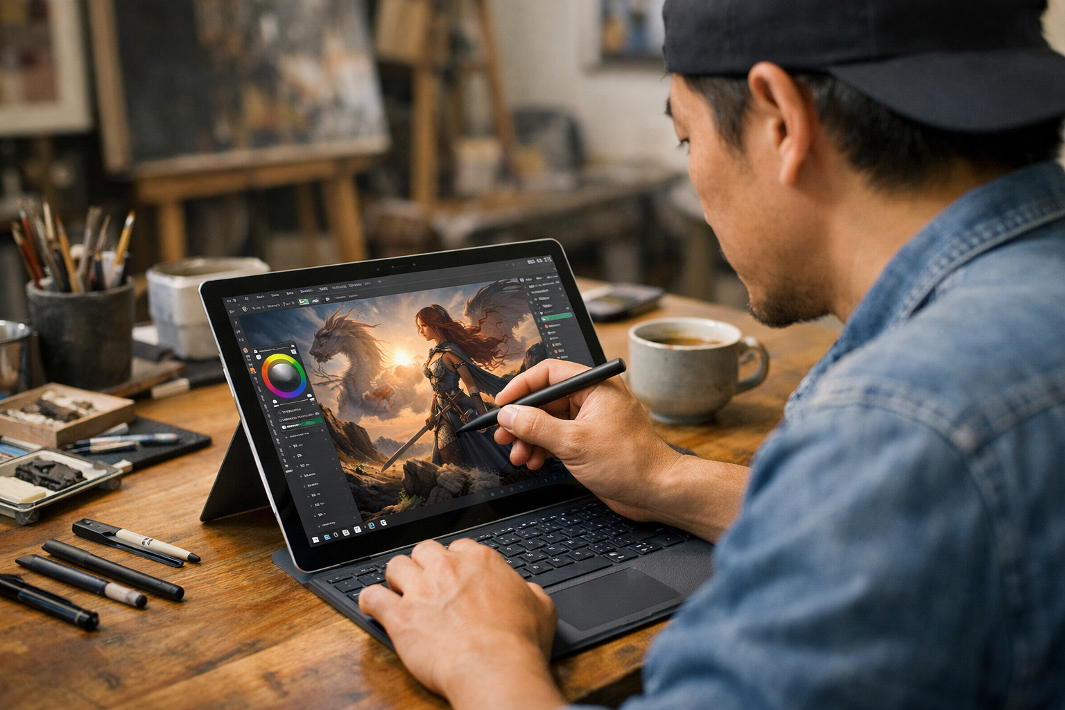 Top 10 Phần Mềm Vẽ Trên Surface Tốt Nhất Năm 2024 9 Họa sĩ chuyên nghiệp đang hoàn thiện tác phẩm đồ họa nghệ thuật trên thiết bị Surface Pro