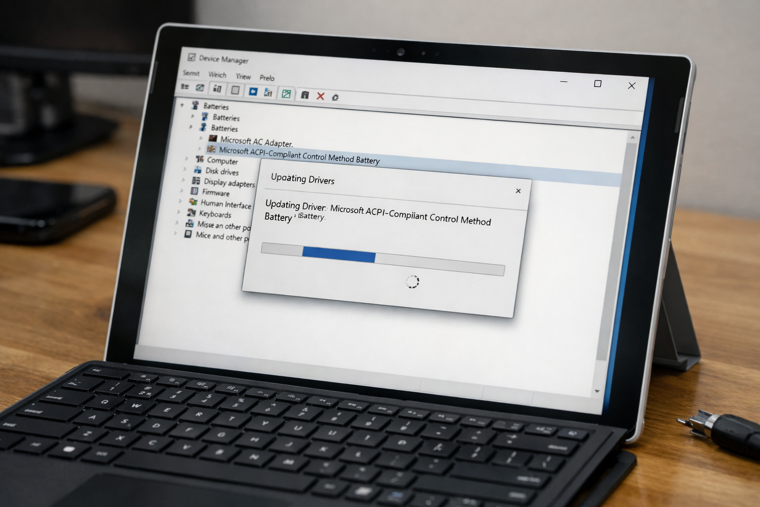 Giao diện Device Manager trên Surface Pro 4 khi đang cập nhật driver quản lý pin