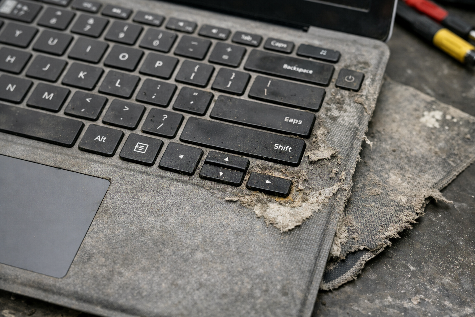 Thay Bàn Phím Surface Laptop 1 Chính Hãng, Giá Rẻ Tại HN 7 Cận cảnh bàn phím Surface Laptop 1 bị bong tróc lớp vải Alcantara và bám bẩn