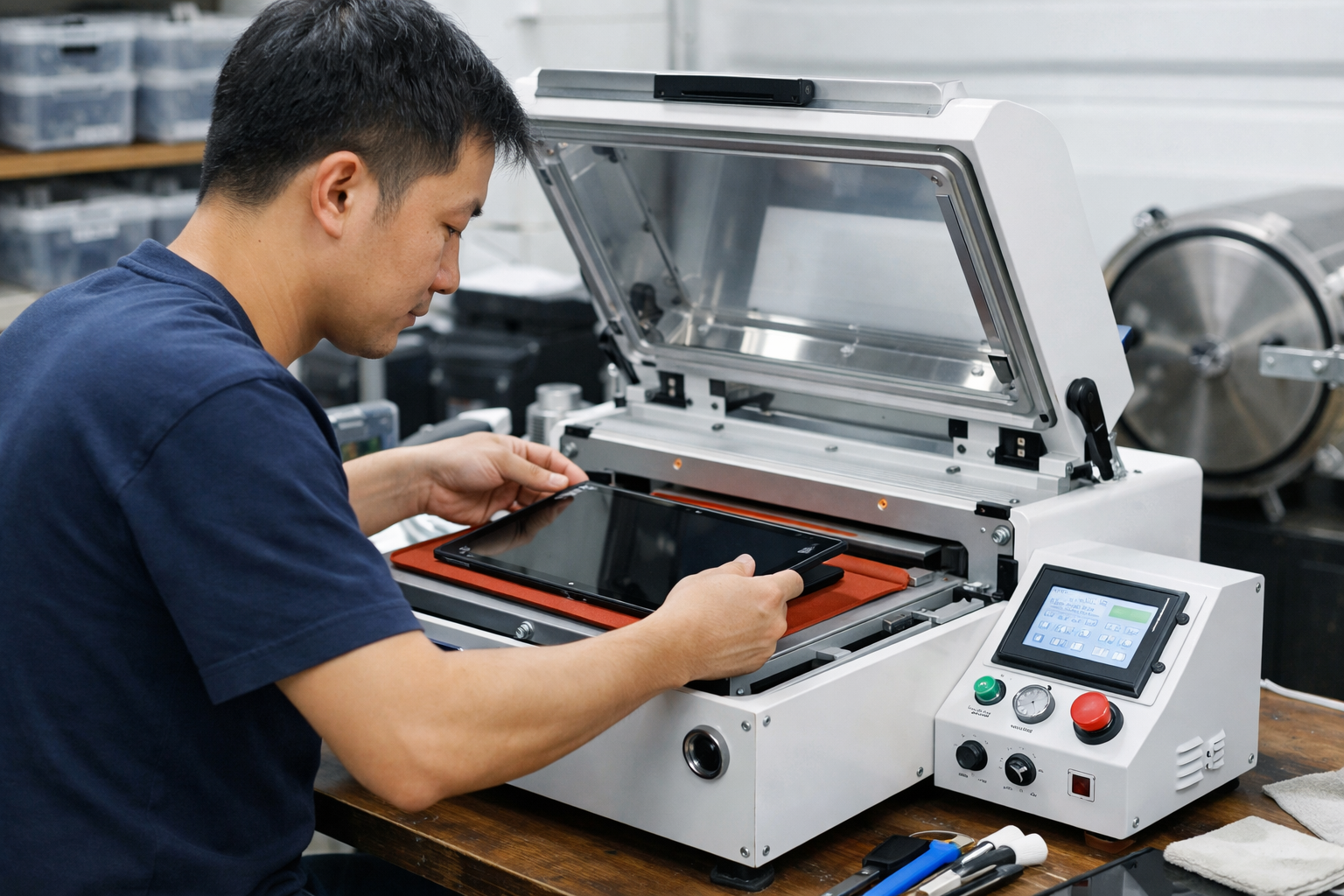 Ép kính Surface Pro: Giải pháp tiết kiệm khi vỡ màn hình 7 Kỹ thuật viên đang sử dụng máy ép kính chân không hiện đại để thay kính Surface Pro