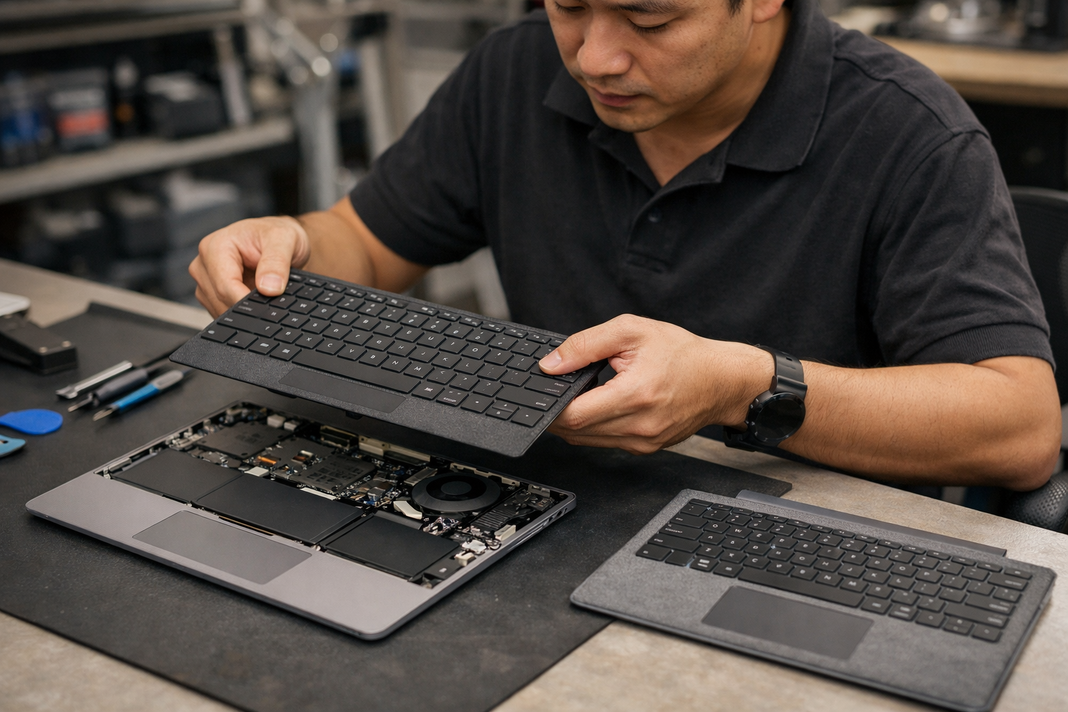 Thay Bàn Phím Surface Laptop 1 Chính Hãng, Giá Rẻ Tại HN 8 Quá trình kỹ thuật viên tháo lắp linh kiện để thay bàn phím Surface Laptop 1 mới