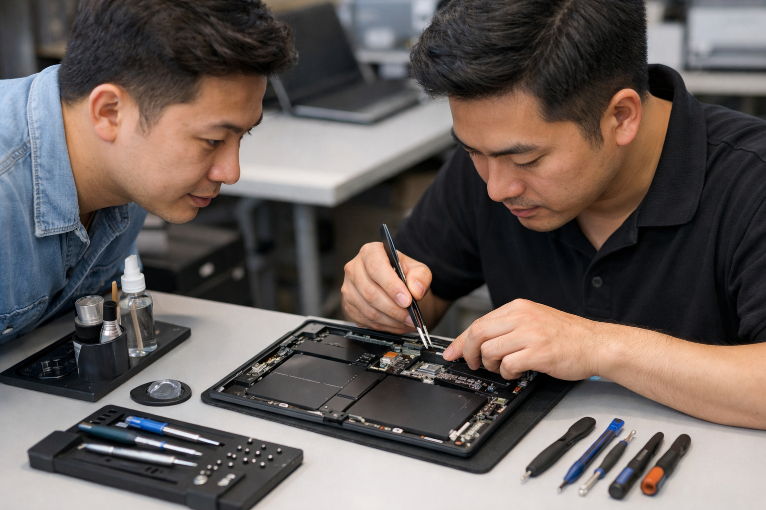 Sửa nút âm lượng Surface Pro không bấm được hiệu quả nhất 9 Kỹ thuật viên Surface Plus đang tháo máy để sửa chữa phím âm lượng cho khách hàng