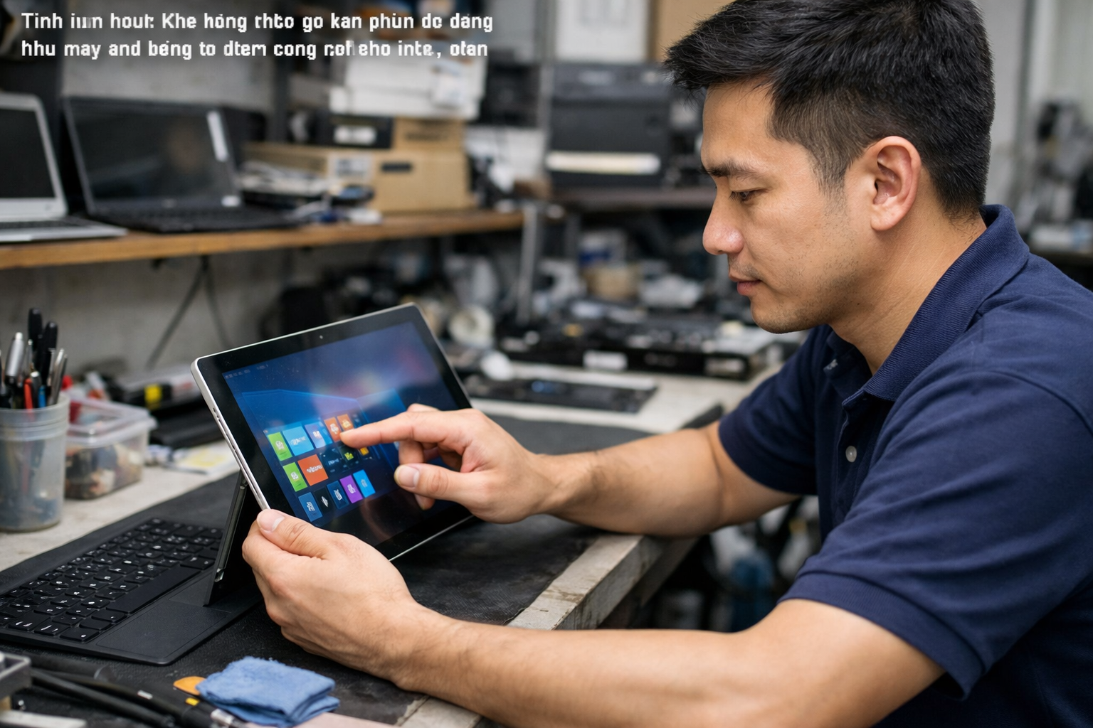 Mua Surface Pro cũ giá rẻ ở đâu uy tín tại Hà Nội? - Surface Plus 7 Kỹ thuật viên đang kiểm tra màn hình cảm ứng của một chiếc Surface Pro cũ