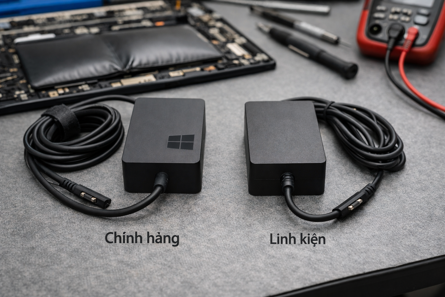 So sánh bộ sạc Surface Pro 4 chính hãng và sạc linh kiện để người dùng nhận biết