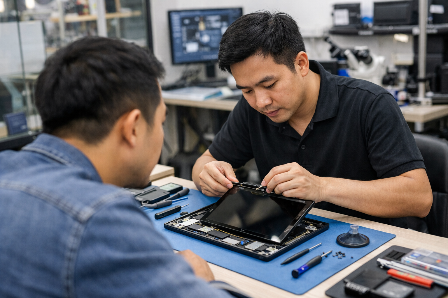 Kỹ thuật viên tại Surface Plus đang thay màn hình cho khách hàng