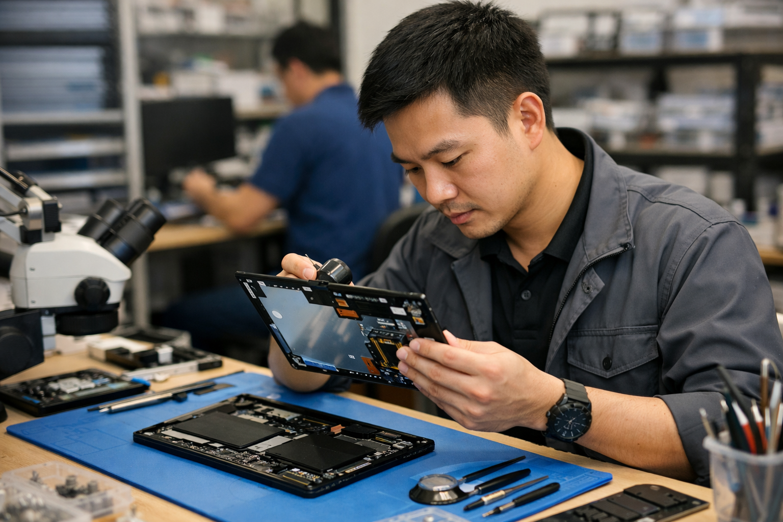 Kỹ thuật viên kiểm tra linh kiện Surface trước khi thay thế cho khách hàng