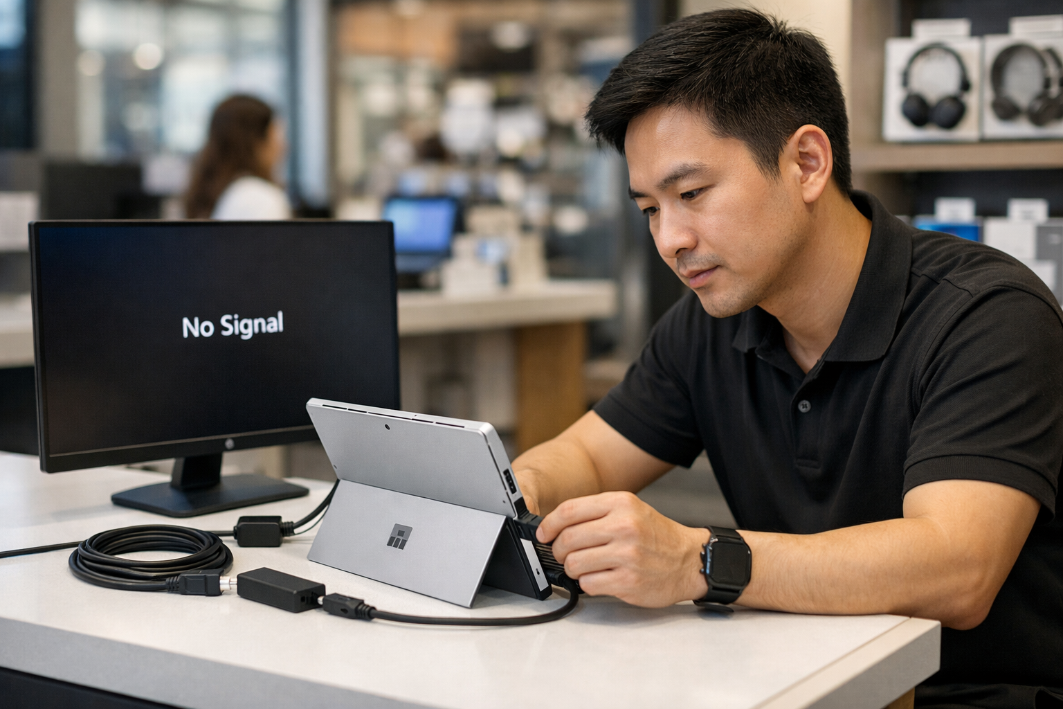 Cách xuất màn hình Surface ra HDMI đơn giản, hiệu quả nhất 9 Kỹ thuật viên đang kiểm tra lỗi kết nối màn hình trên thiết bị Surface tại cửa hàng