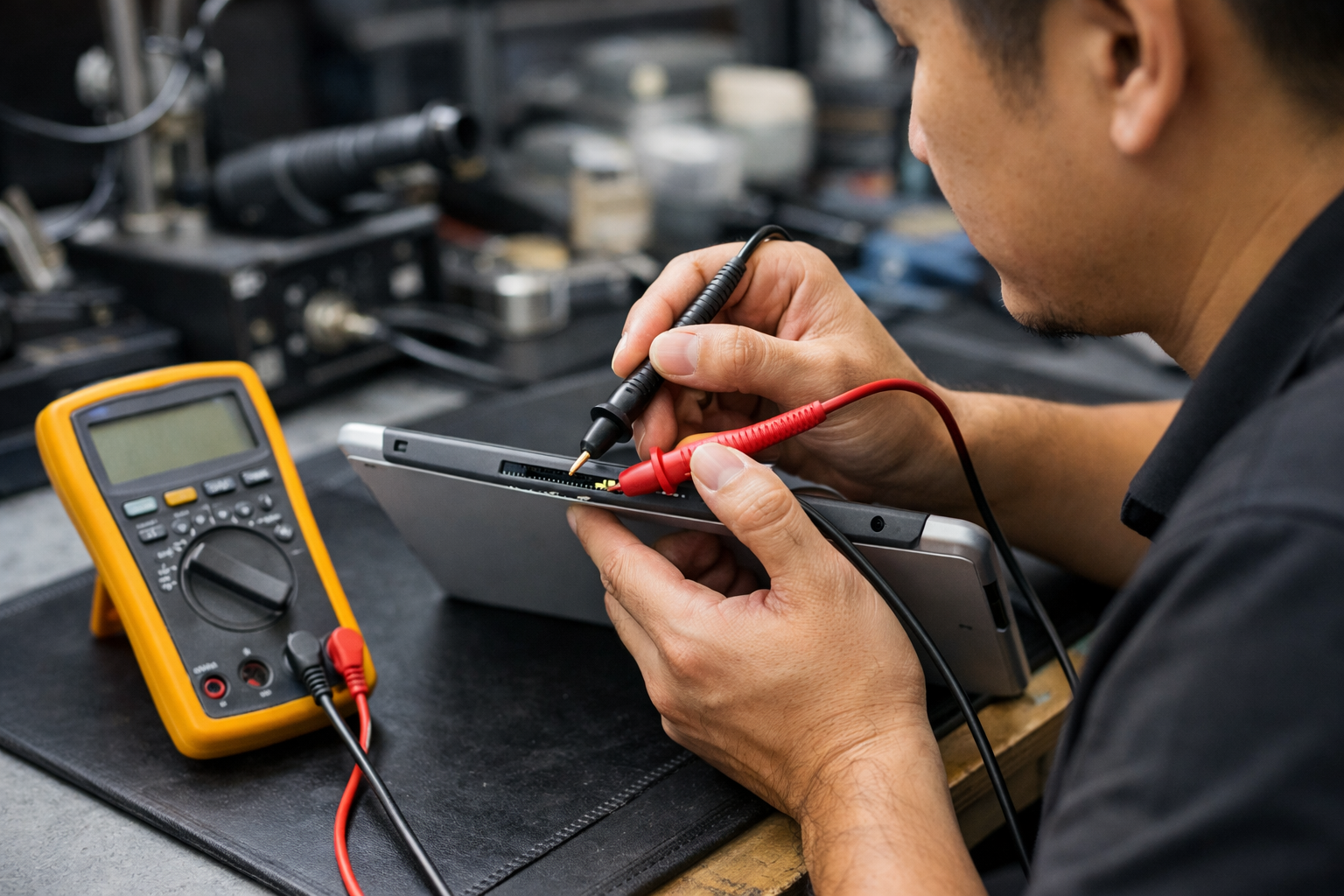 Kỹ thuật viên đang kiểm tra chân sạc Surface Pro 4 bằng thiết bị đo chuyên dụng