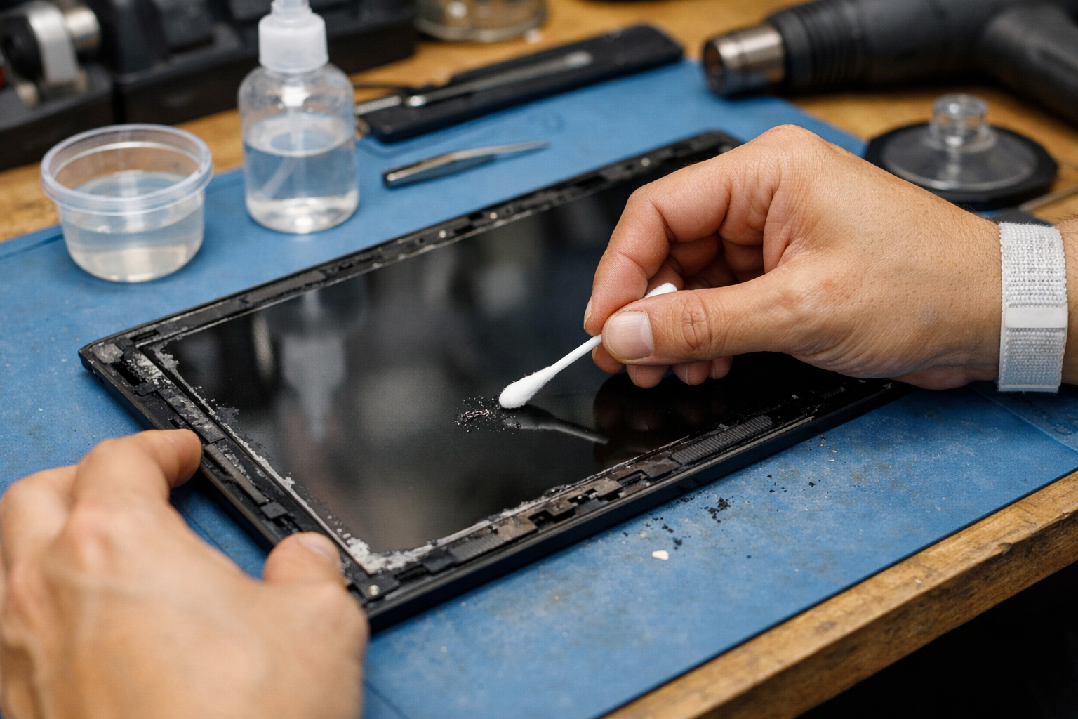 Ép kính Surface Pro: Giải pháp tiết kiệm khi vỡ màn hình 8 Cận cảnh quy trình vệ sinh lớp keo màn hình Surface Pro trước khi ép kính mới